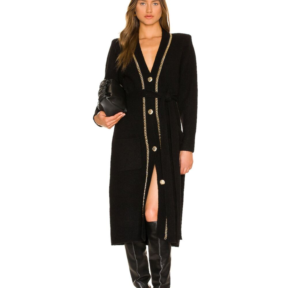 Retrofete Black Midi Cardigan Dress with Gold Trim